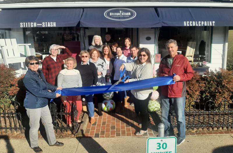 Stitch-Stash ribbon-cutting attendees shown are (l-r) Cindy Lovett, Rehoboth Beach Main Street board member; Ramsey Alexander; Mimi Dickenson; Bunny Waltersdorf; Ellen Emanuel; Kim Sykes; Gerry Hartman; Mary Beatson; Elizabeth Abrams; Susan Itell; Sally Keidel; Andrew Hoffmann and Patti Hoffmann, Stitch-Stash owners; and Steve Curson, Rehoboth Beach Main Street board member. SUBMITTED PHOTO