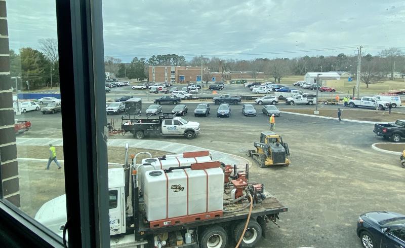 Shields Elementary is visible through this classroom window. When Lewes Elementary is complete, Shields will be demolished to make way for the district’s third middle school.