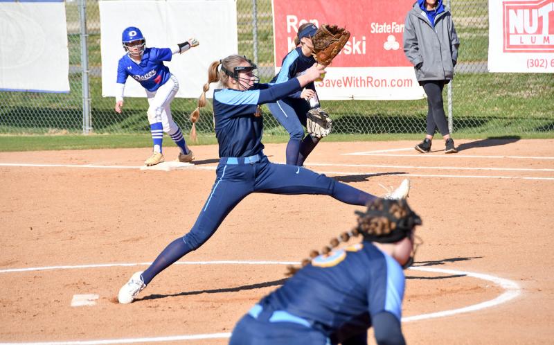 Cape freshman pitcher Abby Marsh delivers to the plate in the Vikings’ 11-0 loss to the Senators. DAN COOK PHOTOS