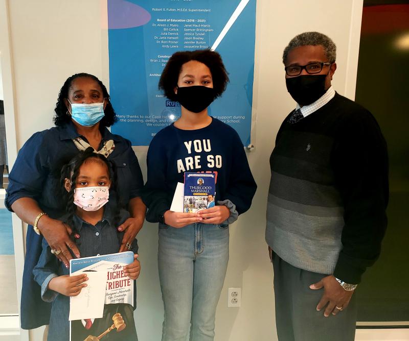 Milton Elementary students Alyla Johnson and Olivia McClain were recently recognized by the Southern Delaware Alliance for Racial Justice. Gathered to recognize the students are (l-r) Doris Hagans with her granddaughter Alyla Johnson, Olivia McClain and MES Assistant Principal Reshid Walker. SUBMITTED PHOTO