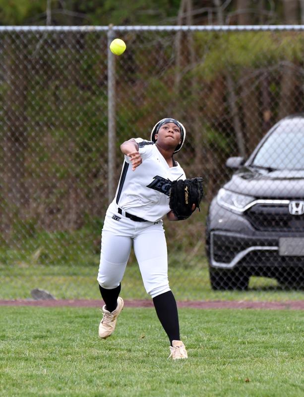 Tech left fielder Shaniya Lewis gets the ball in quickly to the infield.