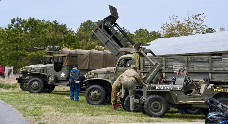 World War II-era trucks and Jeeps are ready for action in the 2nd Command Service Unit at Fort Miles.