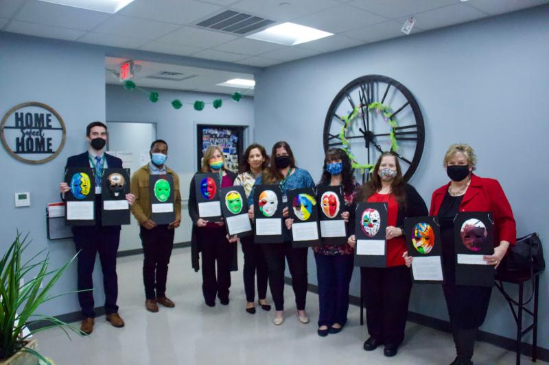 Displaying masks are (l-r) Kyle Whelan, PeachTree administrator; Coreye Ross, lead therapist; Connie Boyton, director of nursing; Ramona Negron, assistant director of nursing; Jessica Walker, director of admissions and marketing; Cynthia Broschart, admissions coordinator; Dee Rivard, Brain Injury Association of Delaware board member; and Cheryl Doucette, BIADE executive director.