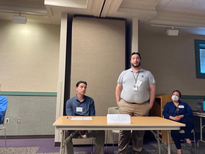 Dan Taylor, left, and Connor O’Loughlin of the Environmental Protection Agency answer questions at a April 20 public meeting in Georgetown on a proposed Superfund site centered around North Railroad Avenue. The area was home to two former dry cleaning sites where the carcinogens PCE and TCE had seeped into the groundwater. RYAN MAVITY PHOTO