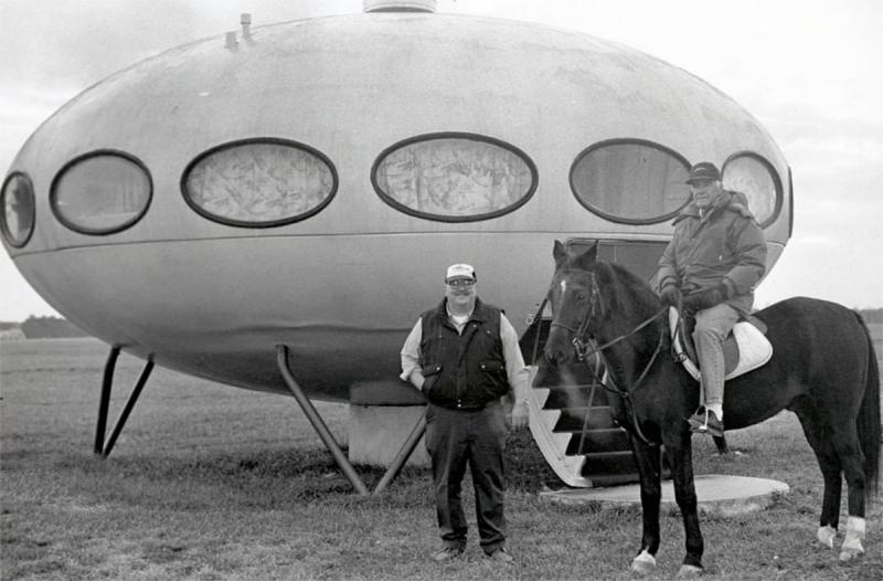 In this undated photo, Joseph Hudson, right on horseback, and Karl Crist stand outside the Futuro house that still sits at Hudson Fields near Milton. SOURCE: DELAWARE PUBLIC ARCHIVES