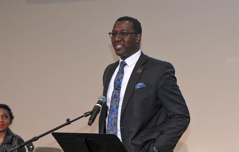 Jacques Bowe, Sussex Tech Pathways to Success coordinator, speaks to the students and parents gathered at the event.