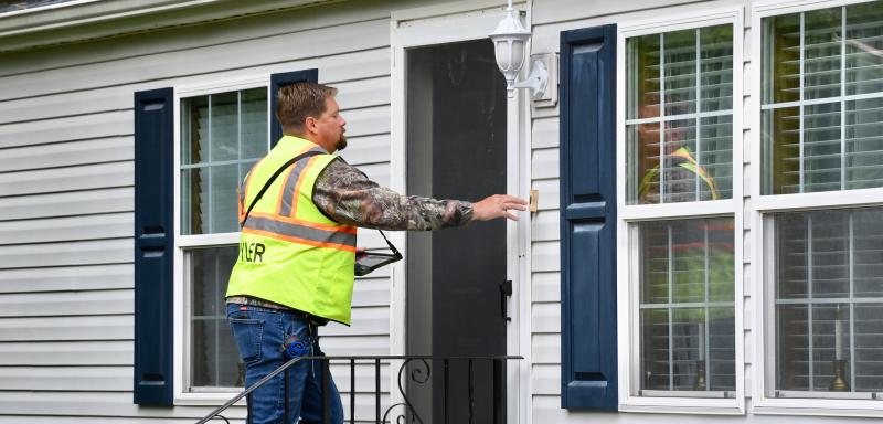 Data collectors start the process with a knock on a door to alert property owners they are on the premises and will be taking measurements. They also interview property owners to gain more information.