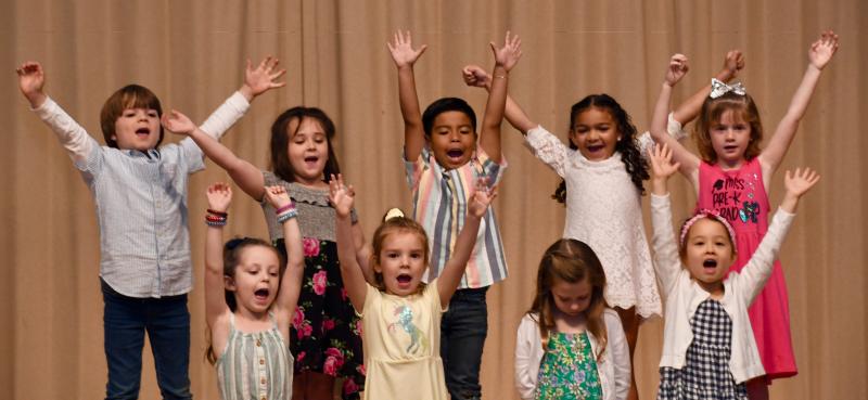 The Penguin Class performs during the spring program. Students are in back (l-r) Ford Dyer, Lilly Slavin, Lucas Torres, Livia Dowdell and Shelby Reynolds. In front are Sage Visaggio-Cross, Lakely Padgett, Anna Derrickson and Esme Johnston.
