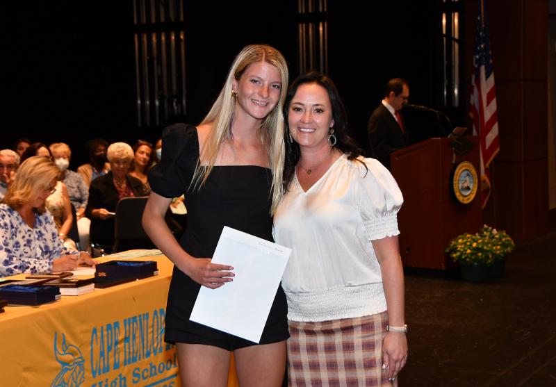 Cape Principal Nikki Miller, right, presents the University of South Carolina Scholarship to Maren Buckaloo.