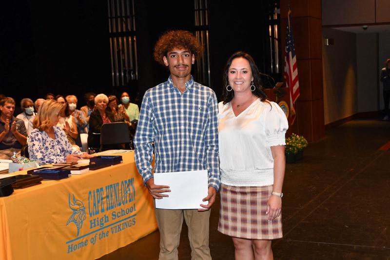 Julian Callaway received the Cape Henlopen Good Citizens MV Award 2022 and the Cape Henlopen Most Improved MV Award 2022. He is shown with Cape Principal Nikki Miller.