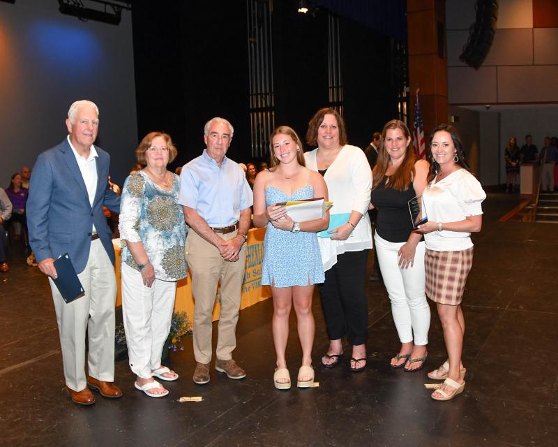 Samantha Connors received the Andrea Chomo Smith Memorial Nursing Scholarship, an Appalachian State University athletic scholarship, Cape Henlopen Leo Club Leadership Service Award, Darby Mowll RN Nursing Scholarship, Darlene Kay Rust Nursing Scholarship, the Dewey Beach Lions Club John Waples Educational Scholarship, the George H.P. Smith Scholarship, the Jack McPike Cape Courage Award, the James Hollenbeck Memorial Scholarship, the James J. Kiernan Memorial Scholarship, the Lewes Lions Club Ernie Ratledge Scholarship, the Milton Lions Foundation Scholarship Award, the President's Award for Educational Excellence, the Rehoboth Beach Lions Club Scholarship, the Wescoat Memorial Scholarship and the Women's Club of Milton Scholarship Award. Shown are (l-r) Charles Mowll, Karen Spencer, Rob Smith, Connors, Maryellen Kiernan, Kathy Newcomb and Cape Principal Nikki Miller. DAN COOK PHOTOS