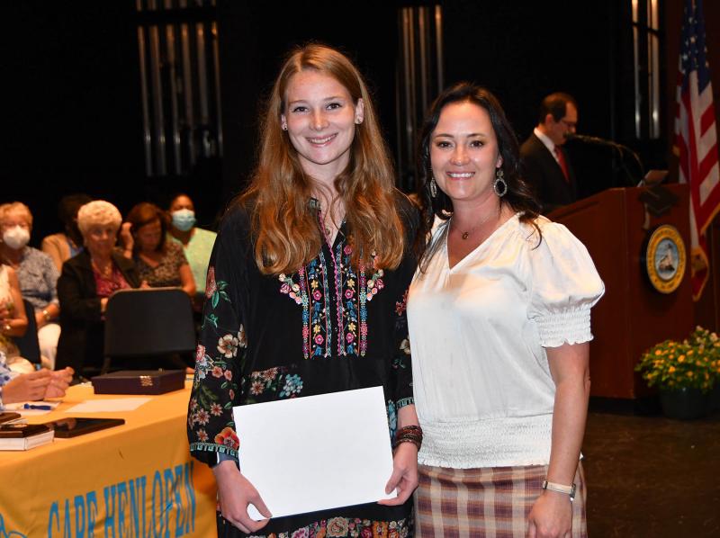 Madison Costello received the National Merit Scholarship Program Recognition, the President's Award for Educational Excellence, the Principal's Recognition Valedictorian and the State of Delaware Secretary of Education Scholar Award. She is shown with Cape Principal Nikki Miller.