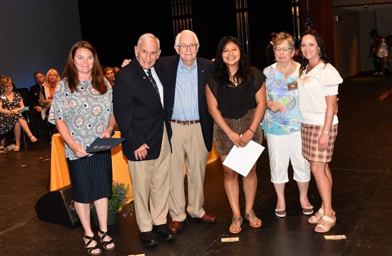 Daniela Sanchez-Hernandez received 2022 Amanda Sapp Parisi Award, American Legion Post 5 Scholarship, Dr. William A. Peterson Memorial Scholarship, the Fort Miles Historical Association Scholarship, The Angela Marie Erale Memorial Scholarship and the Wescoat Memorial Scholarship. Shown are Jackie Wager, Ron Erale, Chuck Ward, Sanchez-Hernandez, Georgiann Deist and Principal Nikki Miller.