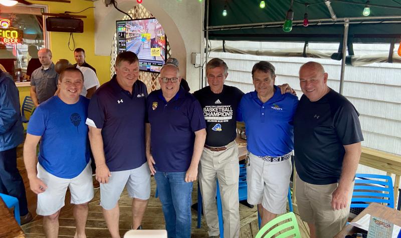 Gathered for lunch are (l-r) Dewey Beach Mayor Bill Stevens, The Starboard owner Steve “Monty” Montgomery, Maryland Gov. Larry Hogan, Gov. John Carney, Woody’s Dewey Beach owner Jimmy O’Conor and Speaker of the House Rep. Pete Schwartzkopf, D-Rehoboth Beach.