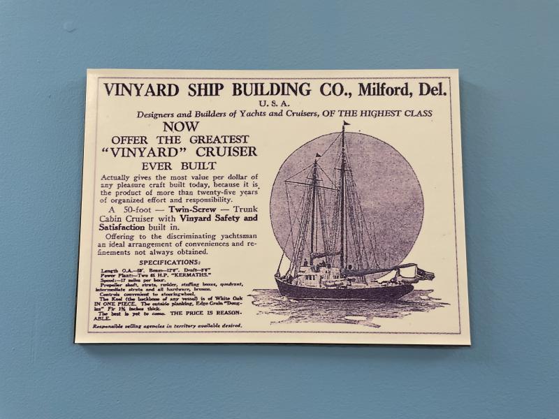 An advertisement highlights the Vinyard Ship Building Company’s 50-foot trunk cabin cruiser as the greatest boat ever built at the shipyard. MILFORD MUSEUM DISPLAY