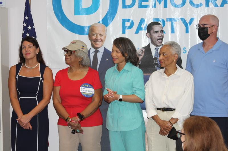 About 60 Democratic candidates and volunteers came together to work out strategy for the upcoming elections. Shown are (l-r) State Auditor Kathleen McGuiness; Stell Parker Selby, candidate for the 20th Representative District; Congresswoman Lisa Blunt Rochester; Lydia York, candidate for state auditor; and Russ Huxtable, candidate for the 6th District Senate seat.