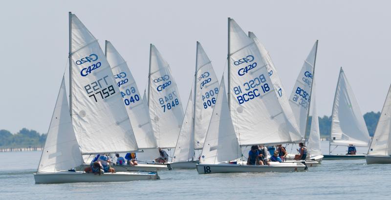 Club 420 racers get underway on Delaware Bay in one of four races for the fleet, which was won by Christopher McCollum (8064) of Annapolis Yacht Club.