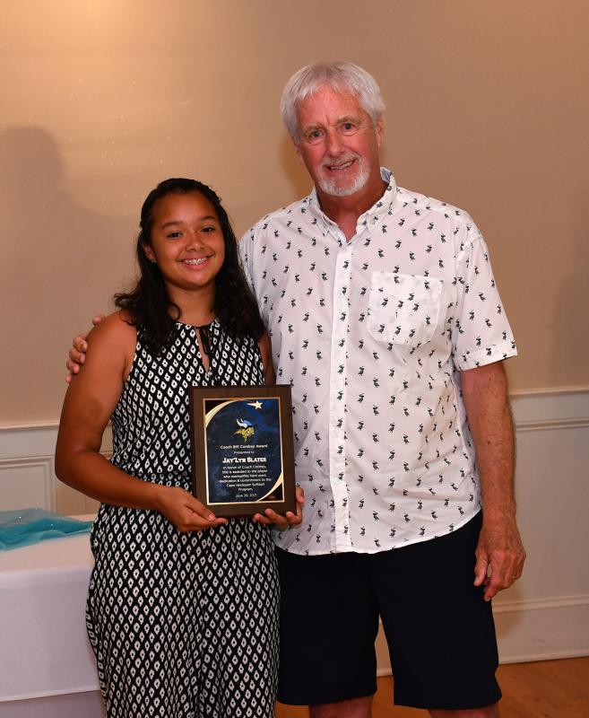 Former Cape coach Bill Cordrey, right, presents the first Bill Cordrey Award to catcher Jay’lyn Slater at the Cape softball end-of-season banquet in 2021. DAN COOK PHOTO