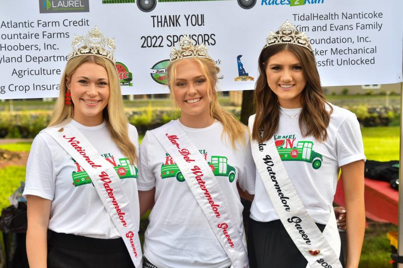 The Watermelon Queens gather before the WaterMel 5K Run in Laurel. Shown are (l-r) Bethany Barfield (national queen), Jenna Anger (Mar-Del queen) and Amber Boykin (Florida queen).