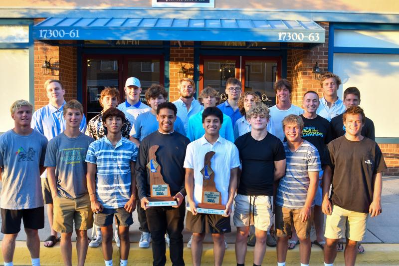 The Cape wrestling team got their state championship rings Aug. 8 at Fish On! in Lewes. Shown in back are (l-r) Dalton Deevey, Josh Wright, Luke Arnold, Mason Couchman, Jeb Zolper, Holt Baker, Hayden Wheeler, Cale Baker, Luke Bender, coach Chris Mattioni, Carson Kammerer and Owen Mattioni. In front are C.J. Fritchman, Brady Cole, Rony Perez, Alex Taylor, Josh Alvares, Andrew Schaen, Max Meadows and Mikey Frederick. DAVE FREDERICK PHOTO