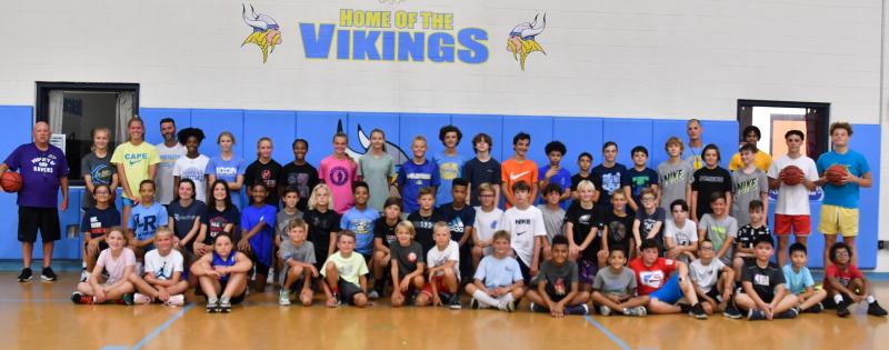 The Cape Vikings Basketball Camp attracted 55 kids. Shown in back are (l-r) Paul Weisengoff, Faith Re, Amalia Fruchtman, Sean O’Grady, Kha’Nihga Johnson, Amara Fruchtman, Mairead Rishko, Journey McDaniel, Ally Diehl, Harper Mamele, Jamison Peace, Theo Hart, Adian Wyatt, Max Beck, Jair Terry, Chris Carrier, Asher Woods, Mikia Siedor, Nick Clampitt, Ethan James, Brody Burton, Trey Leggins, Drew Zimmerman and Bryan Graham. In middle are Carlee Cabello, Mia Scott, Kate Hill, Adryana Savage, Kylee Powell, Brennan Dalecki, Jackson Yngve, Tyson Johnson, Ben Hill, Robbie Myers, Kihara Ngido, Jack Frederick, Bryce Turner, Grady Trivits, Max Wyshock, Nathan Re, Levi Stevenson, Dominic Siedor, Ethan Evans and Anthony Palermo. In front are Lily Fruchtman, Aaliyah Fruchtman, Cali Smith, Chase Sanchez, Lucas Skonieczki, Finn Kane, Ben Pease, James Frederick, Kolin Trammel, Carter Leggins, Andrew Maggitti, Eli Evans, Andrew Nguyen, Matthew Nguyen and Issac Nyandusi. DAVE FREDERICK PHOTOS