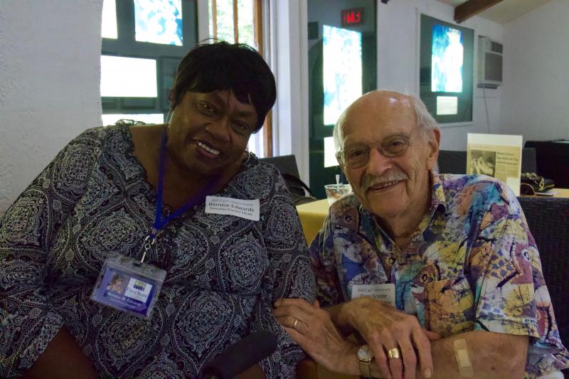 Bernice Edwards, executive director of First State Community Action Agency, left, talks to RSCT board member Gary Grunder about her organization’s upcoming educational play Friday, Aug. 12
