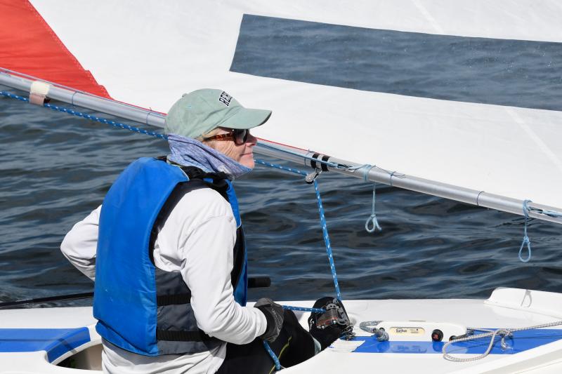 Nancy Jaywork of Rehoboth Bay Sailing Association is the top female finisher in the Sunfish regatta, placing seventh overall.