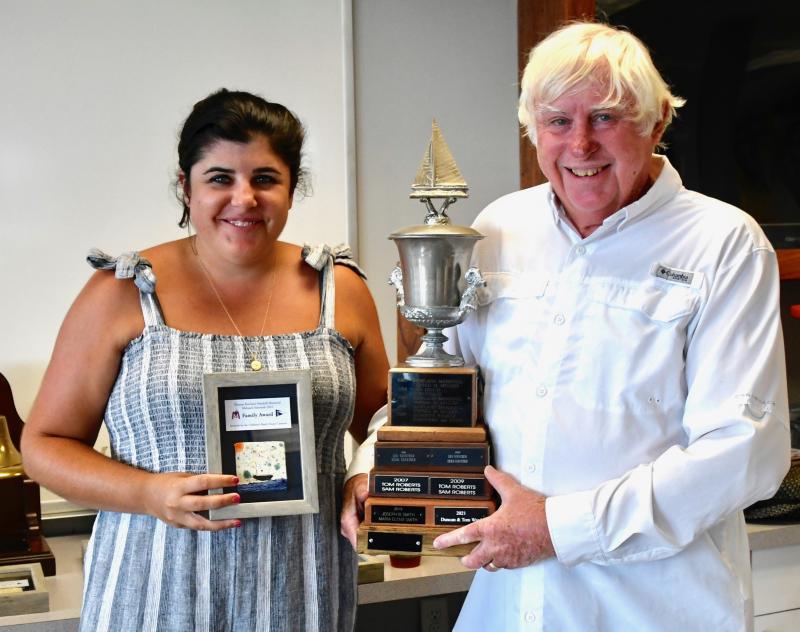 LYC Mobjack sailors Maria and Joe Smith display their trophy as winners of the Mobjack Family Award.