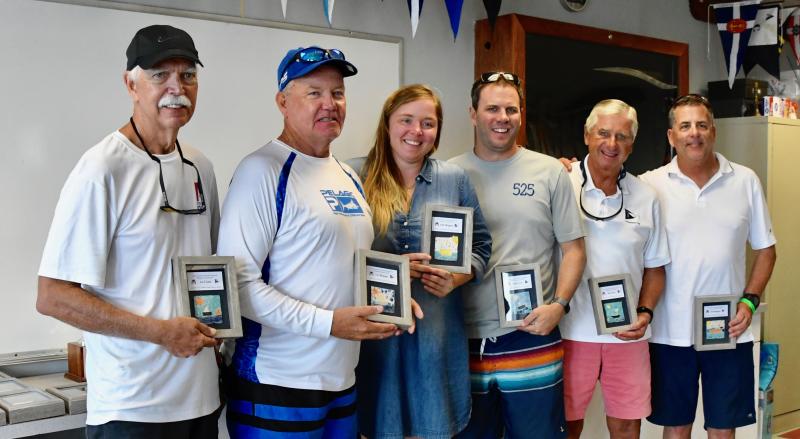 T. Rowland Marshall Memorial Mobjack Championship winning teams are (l-r) crew Matt Frank and skipper Mark Arnold, first place; skipper Sarah Lester and crew Tony Ingram of LYC, second place; and crew Bert Keller and skipper Paynter Ingram of LYC, third place.