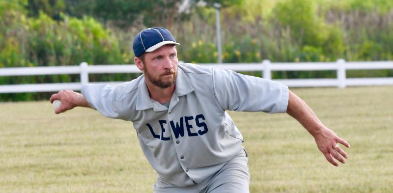 Lewes pitcher Kevin “Dart” Schultze fires the ball toward home. Under 1864 rules, pitchers throw underhand.