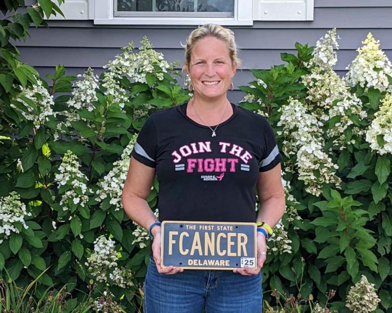 Milton resident Kari Overington, a breast cancer survivor, filed a federal lawsuit against state motor vehicle officials after they recalled her “FCANCER” vanity license plate, after it was deemed to contain an obscenity. A U.S. District Court judge denied the state officials’ motion to dismiss the case, and the ACLU of Delaware has taken up Overington’s case. SUBMITTED PHOTO