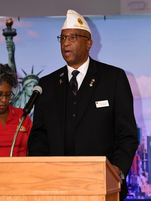 Guest speaker Dwight Lacy, state commander of the American Legion Department of Delaware, and his wife Marlene recall their experience on 9/11.