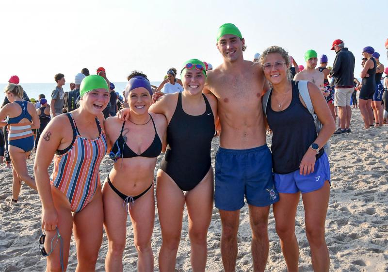 Waiting for the triathlon to start are (l-r) Sanne Elling, Ellie Keck, Emma Jo Szczerba, Joe Szczerba and Lauren Diehl.
