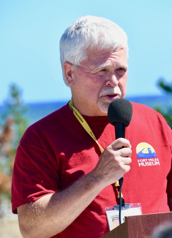 FMHA member Larry Boyer reads the statement made by Gen. Douglas MacArthur during the surrender ceremony on the USS Missouri.
