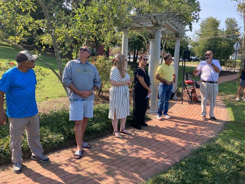 Mayor John Collier speaks to the crowd at the Sept. 17 art unveiling in Mill Park. Taking part are (l-r) Councilman Larry Savage, Sen. Ernie Lopez, Jessica Ball, Councilwoman Annette Babich, Rep. Steve Smyk and Collier.