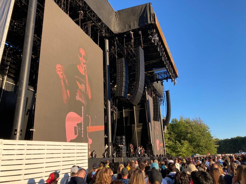 Towson, Md pop-punk legends All Time Low take the main stage at Firefly Music Festival in Dover Sept. 23. Lead guitarist Jack Barakat had just jumped into the crowd and pilfered a slice of pizza, which he then ate on stage. RYAN MAVITY PHOTO