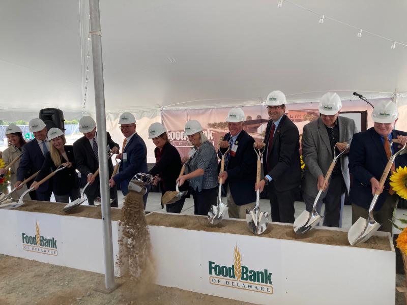Food Bank of Delaware officially broke ground on its new $34 million facility in Milford Sept. 29. Taking part are (l-r) State Auditor Kathy McGuiness, Insurance Commissioner Trindad Navarro, State Treasurer Colleen Davis, FBD board Chair-elect Steve Thompson, FBD board Chair Andy Larmore, FBD President and CEO Cathy Kanefsky, First Spouse Tracey Quillen Carney, state Sen. Dave Wilson, New Castle County Executive Matt Meyer, Sussex County Council President Mike Vincent and Kent County Levy Court President Terry Pepper. RYAN MAVITY PHOTOS