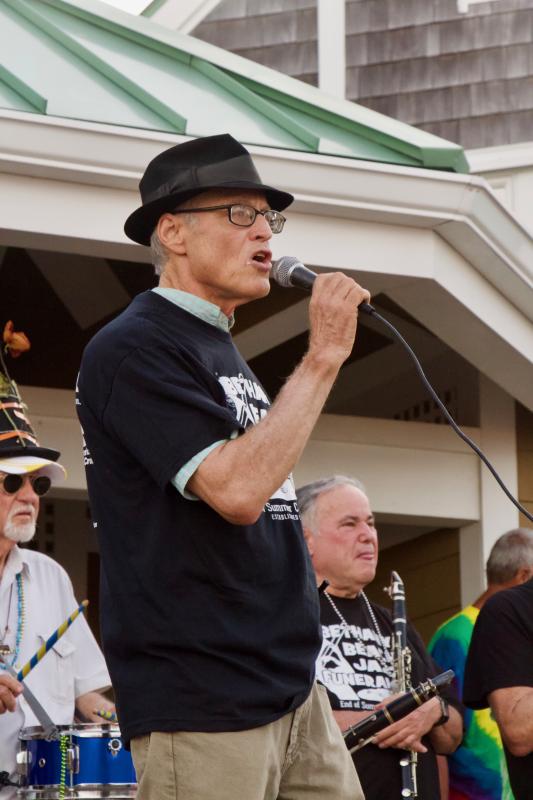 Band leader John Strawley belts out “Hello, Dolly” and a few other tunes during the viewing/memorial service portion of the funeral.