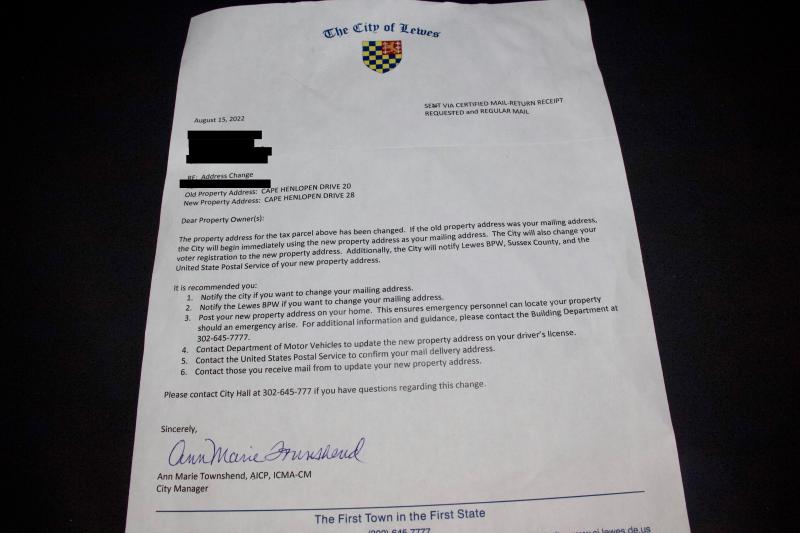Lewes City Manager Ann Marie Townshend’s letter to residents informing them of the address change effective immediately.