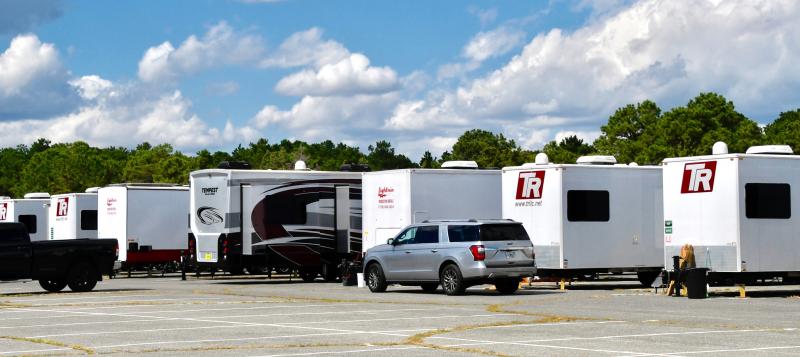 A mini city of trailers is set up as base camp in the park’s main parking lot at the McBride Beachhouse.