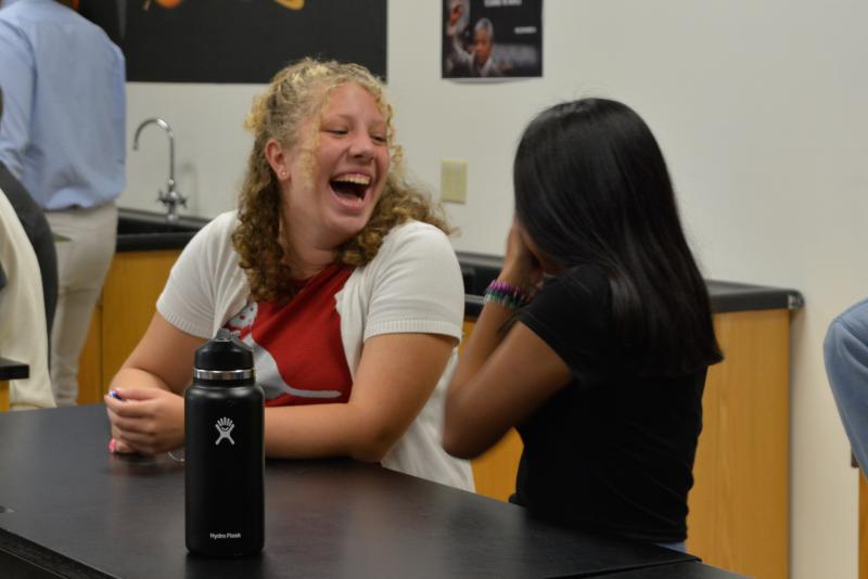 Mariner Middle students Ariel King, left, and Kayti Miranda-Perez share a laugh in class. SUBMITTED PHOTO
