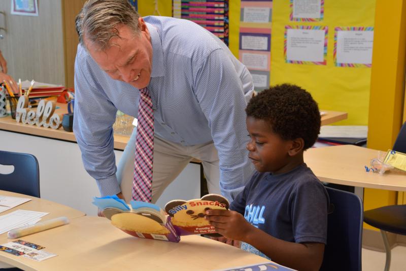 H.O. Brittingham Elementary student Dae’Vion Williams shows Superintendent Bob Fulton his book. SUBMITTED PHOTO