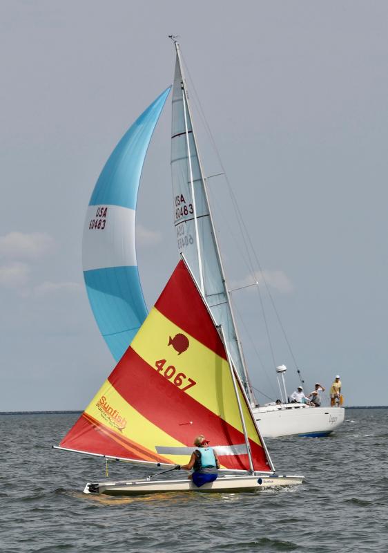 Ships passing in the day. Sunfish sailor Connie Miller, who finished in second place, heads east toward the breakwater while Legacy in the keel boat race flies its spinnaker heading west to the finish line.