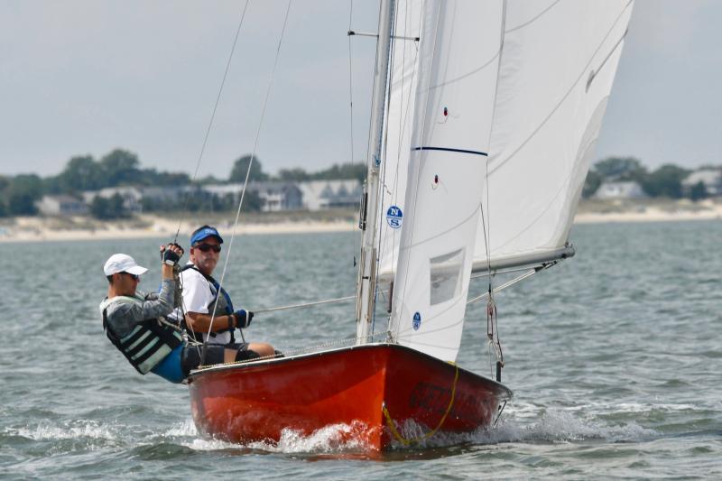 The team of Paynt Ingram, skipper, and Jeremy Niedererr, crew, work the wind to a second-place finish in the Mobjack division.