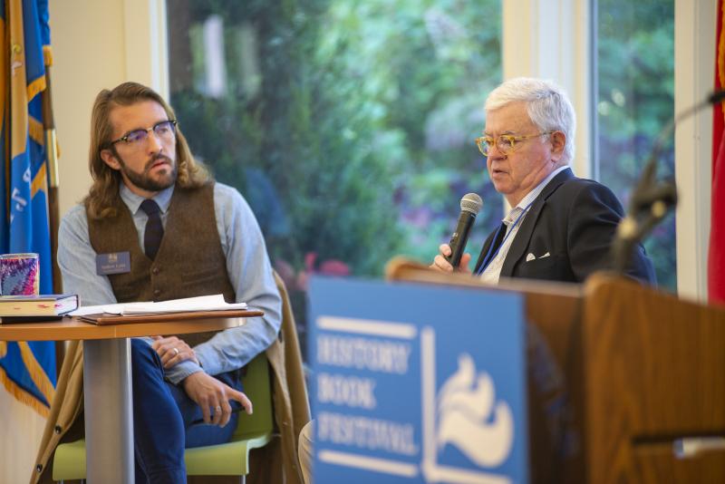 Lewes Historical Society Executive Director Andrew Lyter, left, has a conversation with author Thomas E. Crocker about his book “Captain Hale’s Covenant.” DENY HOWETH PHOTO