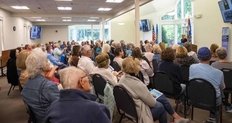 Betsy Prioleau discusses her book “Diamonds and Deadlines” to a packed house at the Rollins Community Center. DENY HOWETH PHOTO