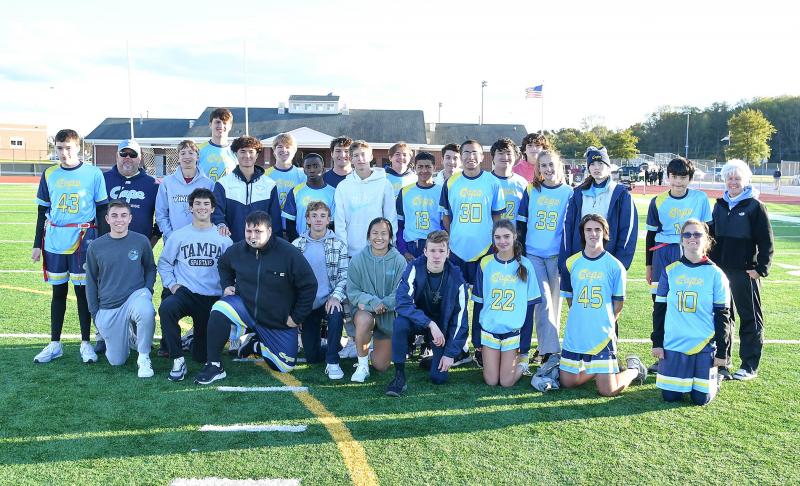 The Cape unified football team gets together after falling to the Eagles. Shown in back are (l-r) Garrett Thawley, coach Drew Messick, Connor Pencek, Odin Potemski, Scott Webster, Ethan Carney, Noah Ryan, Jackson Wood, Aidan Block, Charlie Selder, Kayden Gibbs, Nate Steiman, Alejandro Alvarez-Roman, Jerome Kochinsky, Will Mastrangelo, Chloe Wood, Peyton Lamson-Reich, Ronnie LeRoy and coach Theresa McCloy. In front are Luke Pickard, Brady Lamb, Damien Elliott, Ellis Jack, Grace Totten, Tony Palmer, Maddie Mastriana, Isaiah Magathan and Grace Foster. Not pictured is Alex Shives. DAN COOK PHOTOS