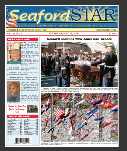 The city mourns two young soldiers who lost their lives in Iraq as shown on the front page of the Seaford Star from May 25, 2006. Another photo on the page is that of Delino DeShields, a standout high school athlete who went on to play and coach for several years in Major League Baseball.