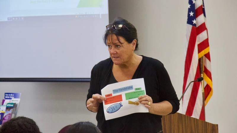 Academic coach Jennifer Thompson energetically explains how to be the right candidate for a job. Employers prefer a firm handshake and not one that feels like a fish.
