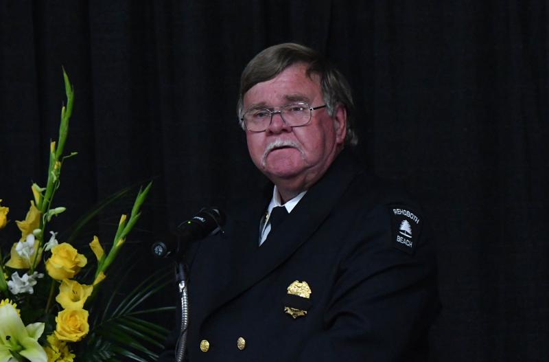 An emotional Rehoboth Beach Volunteer Fire Company Chief Chuck Snyder speaks of the great times had with his best friend.